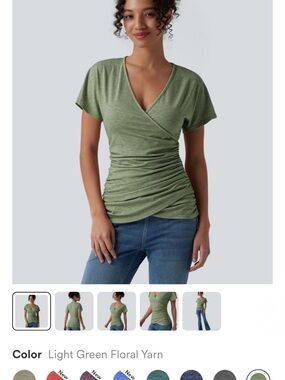HALARA Light Green Wrap Ruched V-Neck Tee